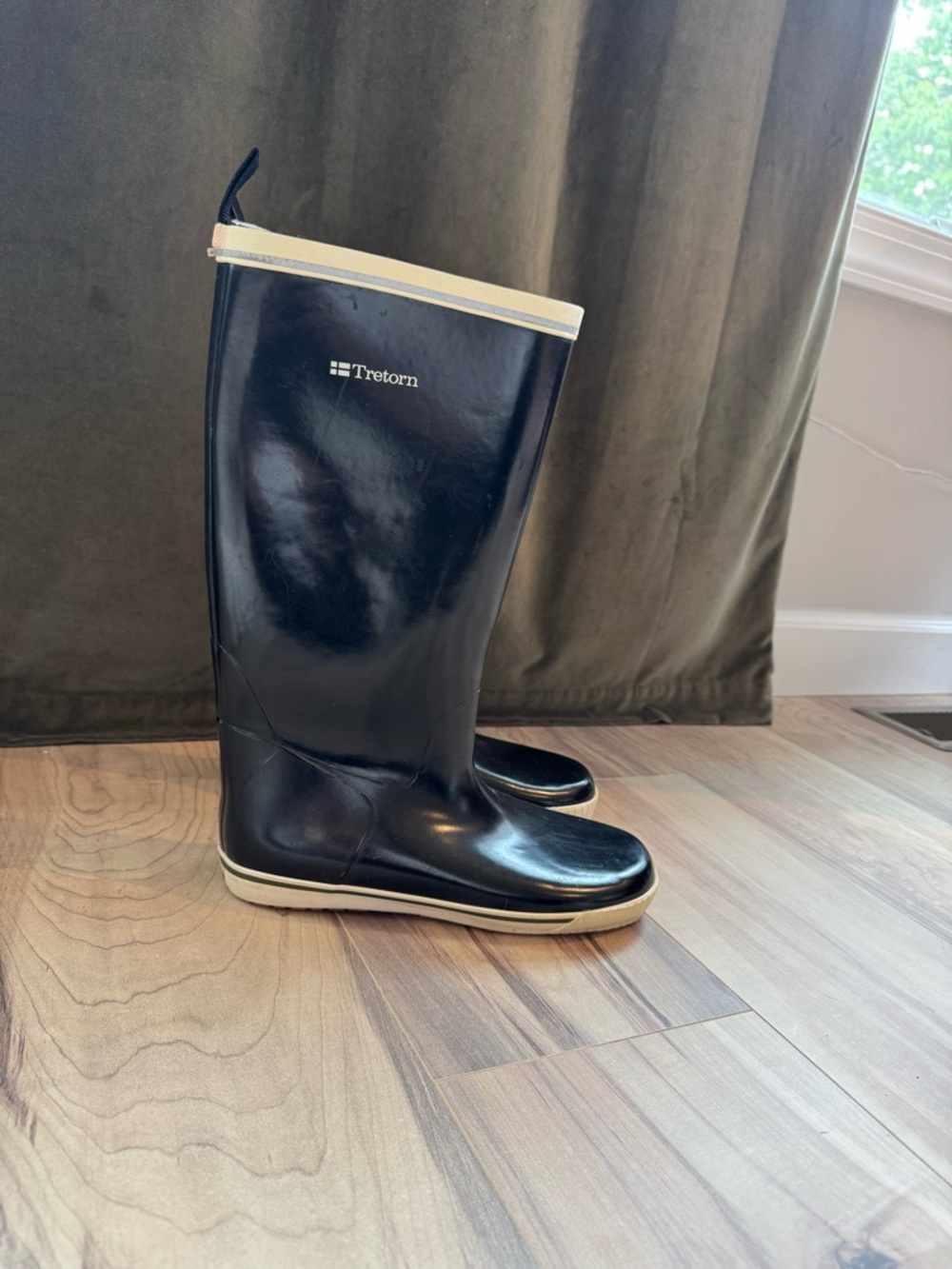 Tretorn Black Rain Boots with Cream Trim